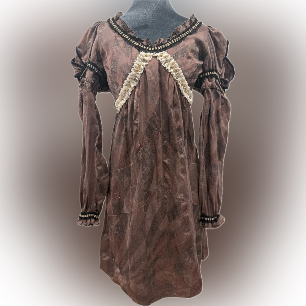 Custo Brown Long Sleeve Dress with Lace Trim